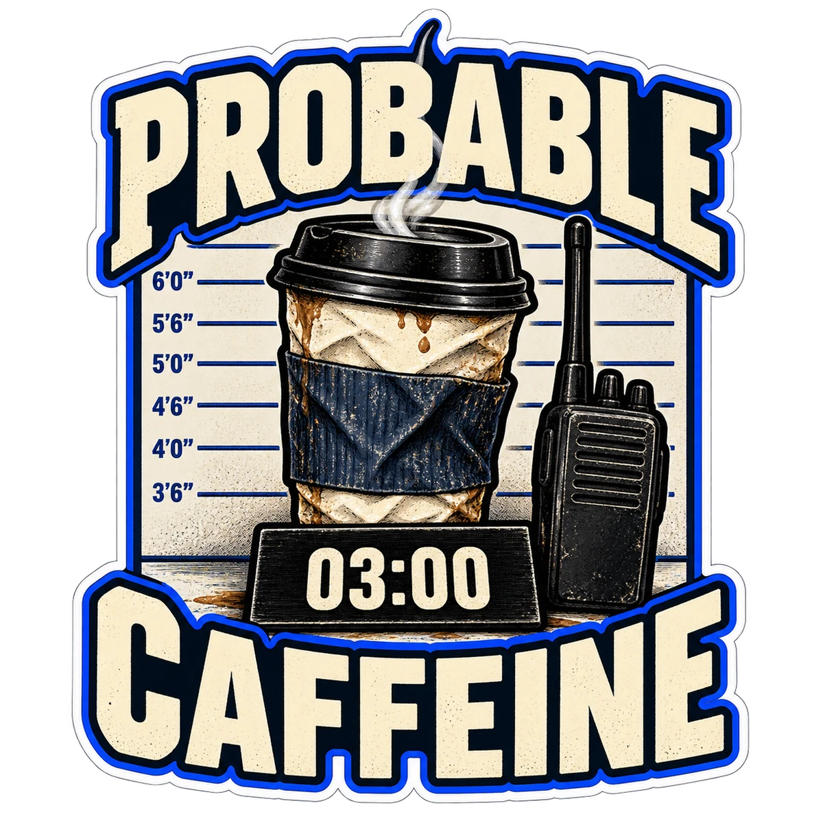 Probable Caffeine: a coffee cup and radio in a police lineup