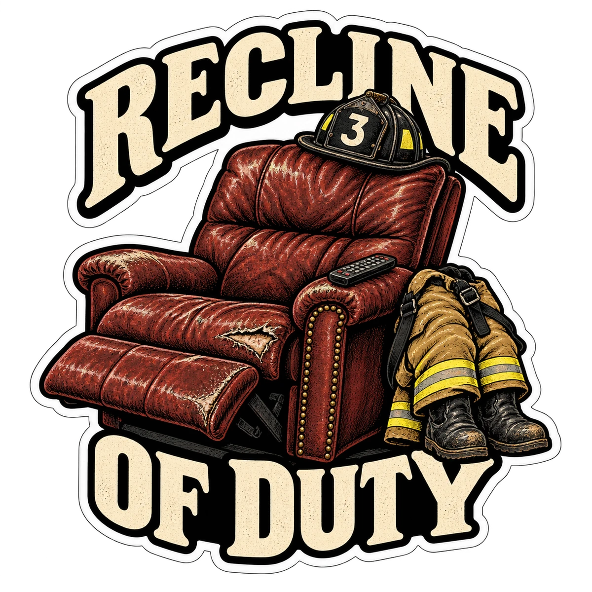 Recline of Duty: a battered firehouse recliner with bunker gear and a helmet