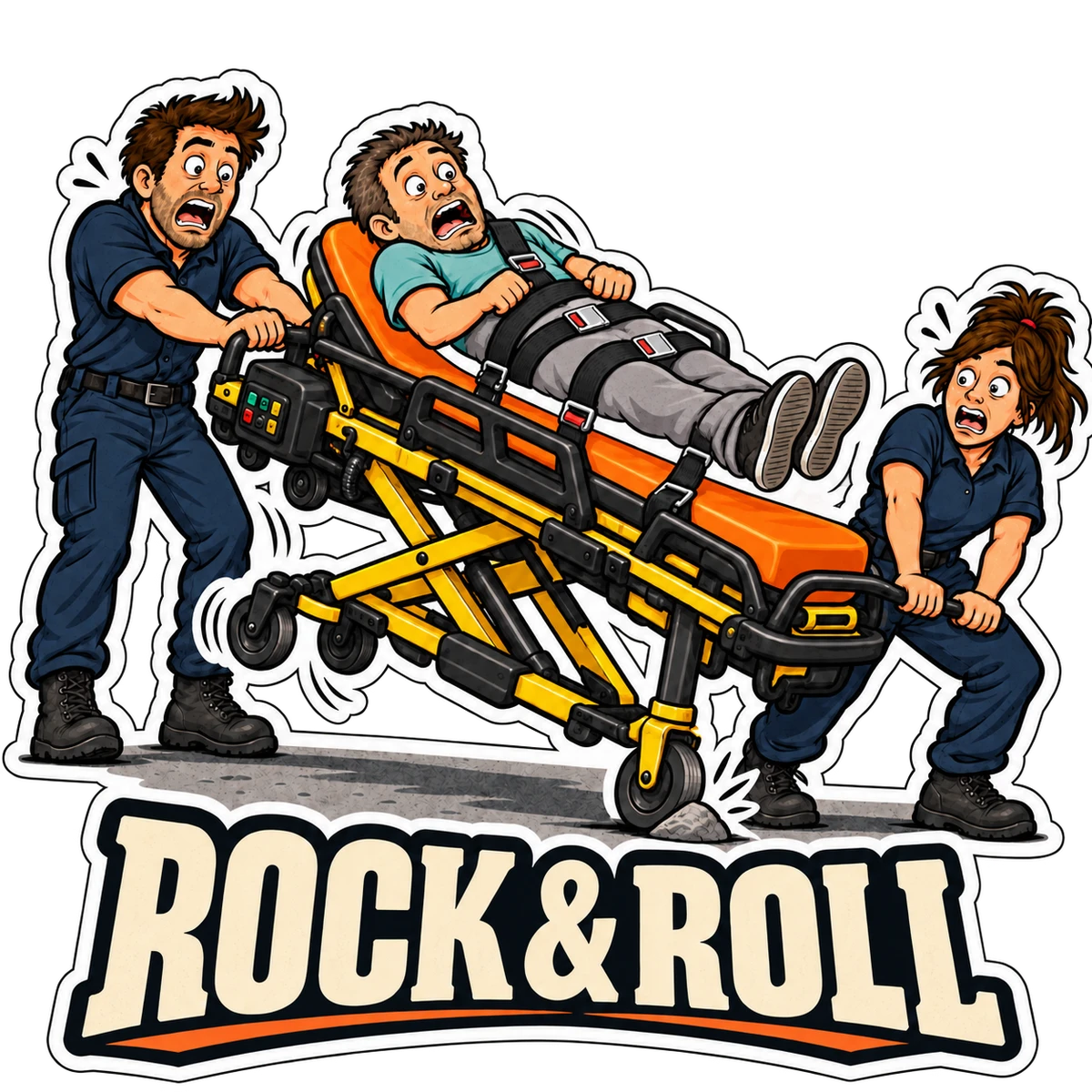 Rock & Roll: two grounded medics steady a tipping cot with a strapped-in patient