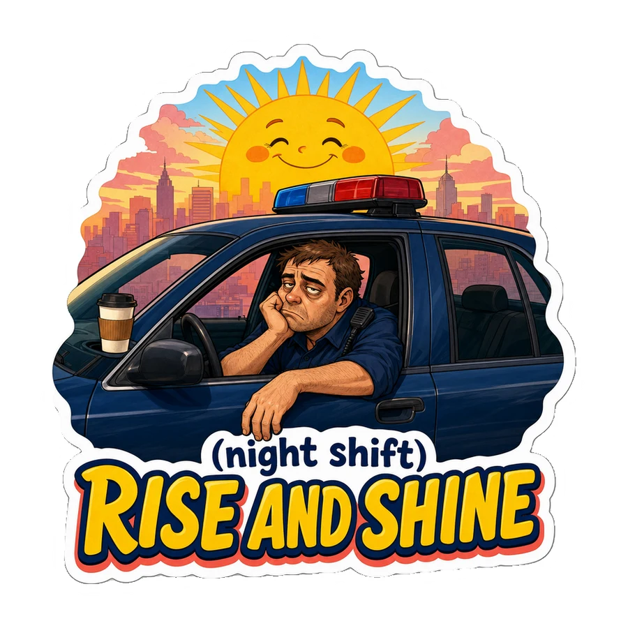 (night shift) Rise and Shine: a worn-out officer in a patrol car as a cheerful sun comes up